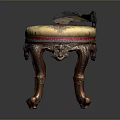 Carved Wooden Leg Stool With Round Colorful Embroidery Seat And Decorative Accent