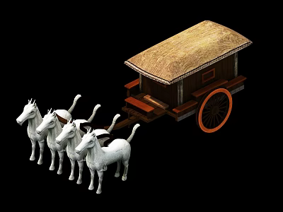 Ancient Horse-Drawn Carriage Pulled by Four White Horses With Thatched Roof and Wooden Sides 3d model