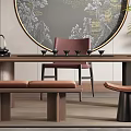 Traditional Chinese Tea Room Interior Design With Tea Table Circular Painting And Teaware