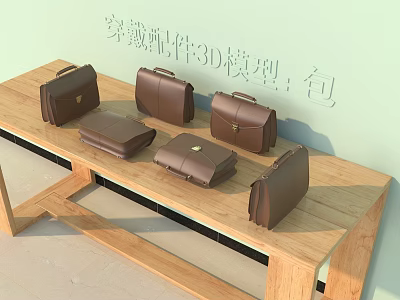 3D Models of Brown Leather Bags Displayed on Wooden Table with Various Styles 3d model