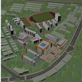 Modern School Campus Buildings with Sports Field Greenery and Central Plaza Area