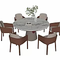 Modern Dining Table Set With Marble Round Tabletop And Brown Leather Chairs 3d model