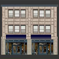 Two Story Commercial Brick Building With Blue Awnings Glass Storefronts And Flat Roof