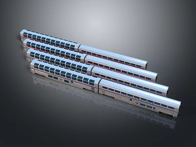 Modern Silver Train with Blue Stripes and Multiple Carriages Arranged in Line 3d model