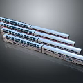 Modern Silver Train with Blue Stripes and Multiple Carriages Arranged in Line
