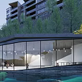 Residential Landscape View From Indoor Large Glass Windows With Trees Pond And Stone Arch Bridge