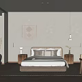 Minimalist Hotel Room Interior With Wooden Bed Woven Tapestry And Led Headboard Light
