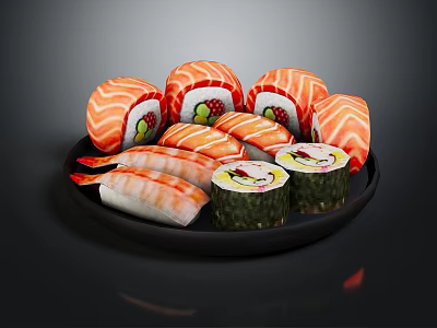 Fresh Delicious Assorted Sushi Rolls With Salmon And Vegetable Fillings On Black Plate 3d model