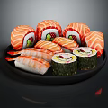 Fresh Delicious Assorted Sushi Rolls With Salmon And Vegetable Fillings On Black Plate