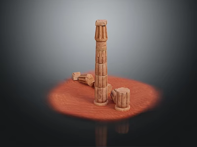 Wooden Pillar With Fallen Parts On Circular Red Base Dark Background 3d model