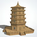 Traditional Wooden Pagoda Tower Featuring Multi Story Structure Platform Steps And Windows