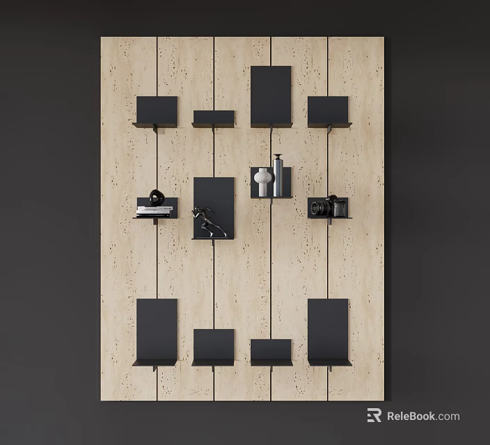 Modern Wooden Bookcase With Black Storage Compartments And Decorative Items 3d model 