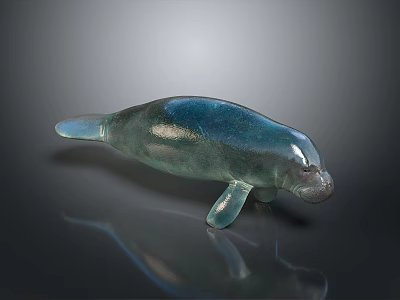 Glass Manatee Sculpture In Blue Green Color On Dark Background With Reflection 3d model