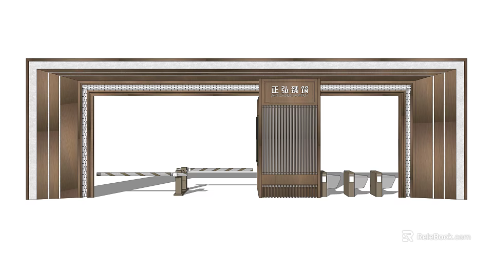 Elegant Entrance Gate With Decorative Metal Frame Pillars And Access Control Barrier 3d model 