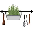Hanging Kitchen Utensils Organizer With Metal Planter And Fresh Rosemary Plant