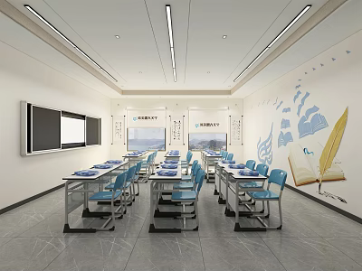 Spacious Modern School Classroom With Blue Chairs Whiteboard And Neat Desks 3d model