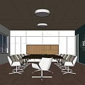 Modern Conference Room With Long Table White Chairs Green Wall Collaboration Words And Wooden Floor