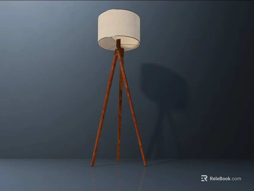 Wooden Tripod Floor Lamp With White Lampshade In Modern Interior Scene 3d model 