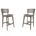 Two Minimalist Wooden Bar Stools With Rattan Backrest And Beige Seat