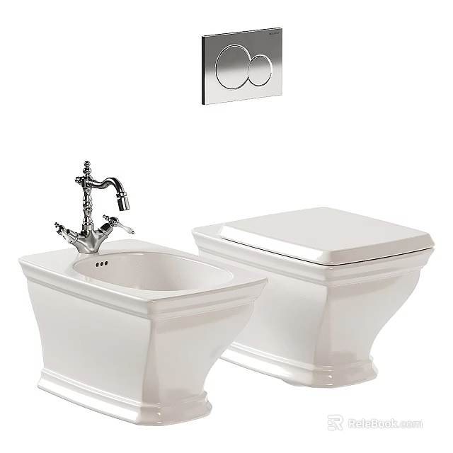White Ceramic Toilet With Matching Sink Chrome Faucet And Wall Control Panel 3d model 