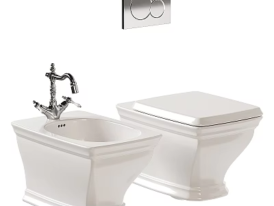 White Ceramic Toilet With Matching Sink Chrome Faucet And Wall Control Panel 3d model