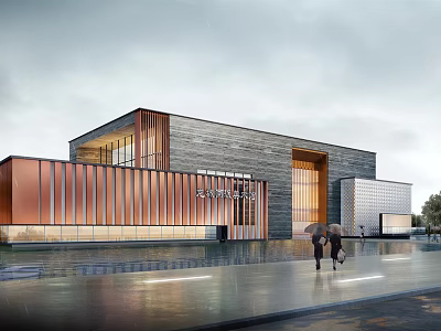 Modern Architectural Building with Copper Cladding Glass Facade and Pedestrians on Rainy Day 3d model