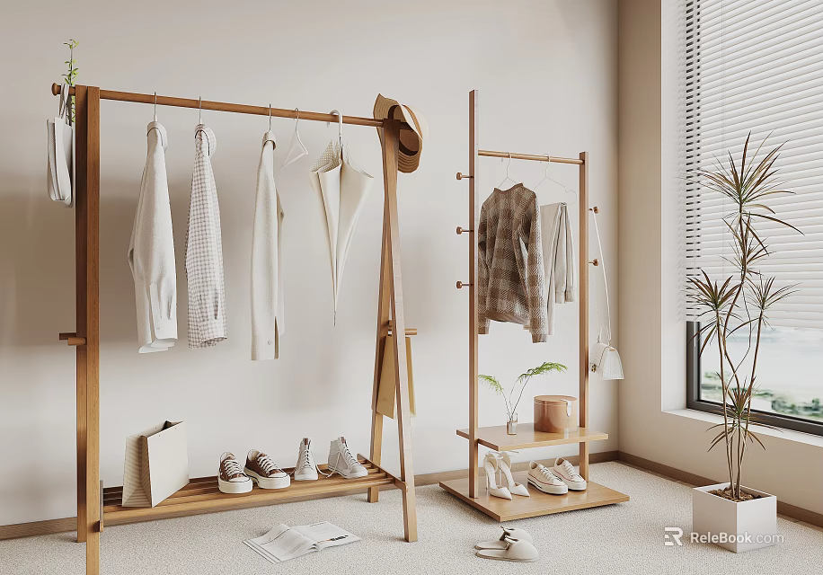 Wooden Coat Racks With Clothes Shoes And Plants 3d model 