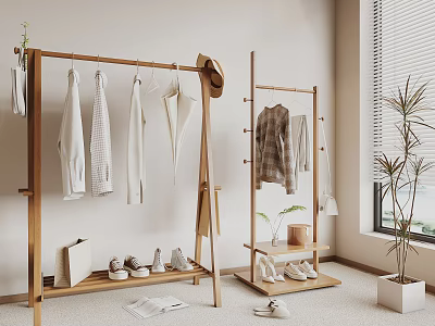 Wooden Coat Racks With Clothes Shoes And Plants 3d model