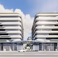 Modern Symmetrical Office Building Exterior with Glass Curtain Walls Entrance and Blue Sky