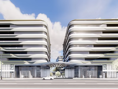 Modern Symmetrical Office Building Exterior with Glass Curtain Walls Entrance and Blue Sky 3d model