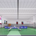 Indoor Table Tennis Fitness Space With Green Floor Blue Barriers And Bright Lighting