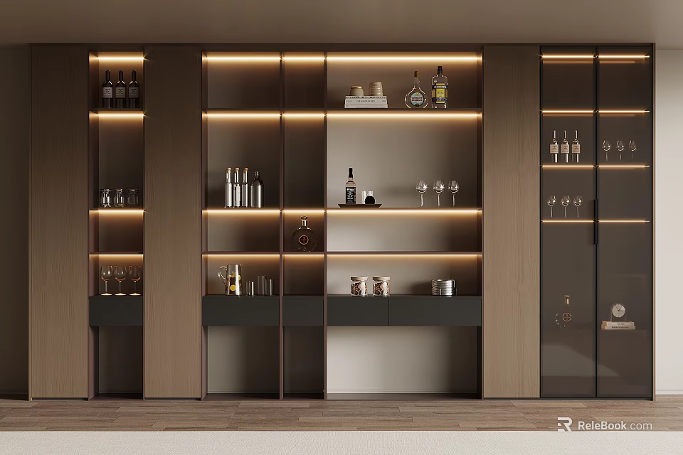 Elegant Modern Wine Cabinet With Illuminated Shelves Glass Doors And Wine Bottles 3d model 