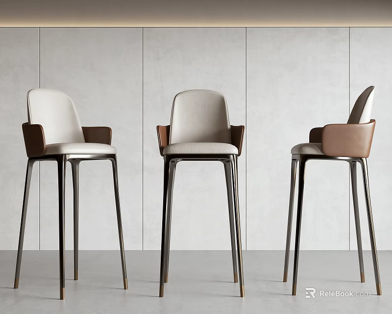 Three Modern Minimalist Bar Stools With White Brown Seats And Metal Legs In Gray Background 3d model 