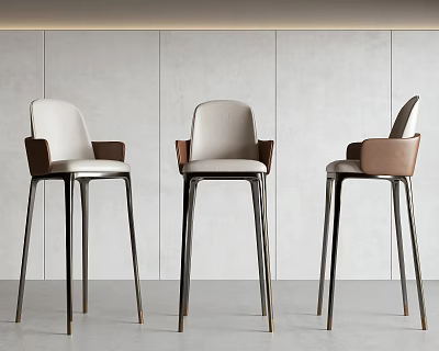 Three Modern Minimalist Bar Stools With White Brown Seats And Metal Legs In Gray Background 3d model