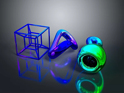 Colorful Glossy Geometric Objects Blue Wireframe Cube Purple Curved Shape Green Sphere on Dark Background 3d model