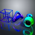 Colorful Glossy Geometric Objects Blue Wireframe Cube Purple Curved Shape Green Sphere on Dark Background