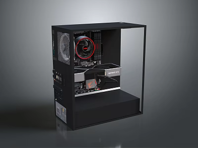 Open Frame Computer Case Featuring Visible Internal PC Components Cooling Fan and Graphics Card 3d model