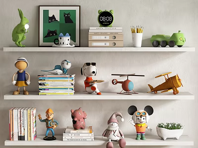 Decorative Ornament Combination On Shelf With Rabbit Doll Cat Painting Alarm Clock And Airplane Model 3d model