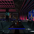 Modern Bar Interior With Neon Decor City Skyline View And Blue Lighting