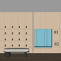Light Colored Numbered Lockers With Blue Compartment And Wooden Bench Interior 3d model