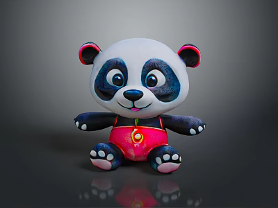 Cute Cartoon Panda Stuffed Toy In Sitting Pose With Red Belly Wrap And Yellow Decoration 3d model