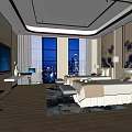 Hotel Guest Room Interior King Bed Large Windows Overlooking City Night View TV Patterned Rug