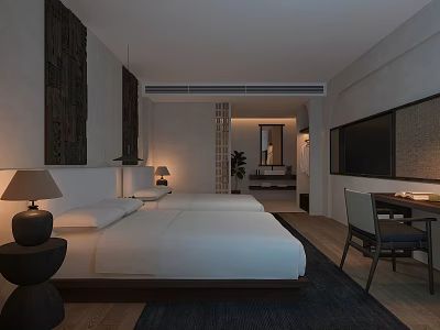 Homestay Guest Room With Twin Beds Table Lamps Wooden Floor And Decorative Wall 3d model