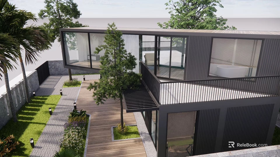 Modern Detached Villa Exterior Design With Large Glass Windows Wooden Walkway And Courtyard Greenery 3d model 