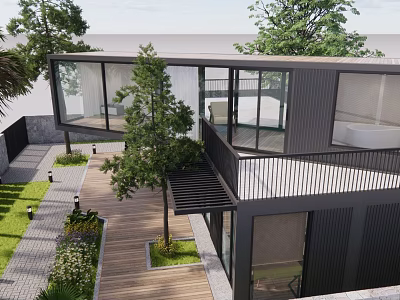 Modern Detached Villa Exterior Design With Large Glass Windows Wooden Walkway And Courtyard Greenery 3d model