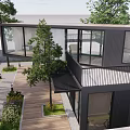 Modern Detached Villa Exterior Design With Large Glass Windows Wooden Walkway And Courtyard Greenery