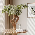 Ornament Decoration Set with Wooden Vase Flowers Small Figurine Books on Round Table and Sunlight