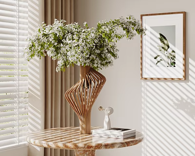 Ornament Decoration Set with Wooden Vase Flowers Small Figurine Books on Round Table and Sunlight 3d model