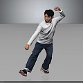 Man In White Long Sleeve Shirt And Blue Jeans Doing Punching Gesture On Gray Background