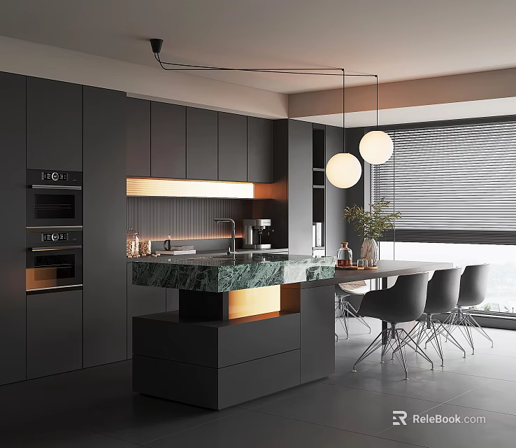 Modern Luxury Restaurant Interior With Open Kitchen Island Gray Cabinets Pendant Lights And Dining Chairs 3d model 